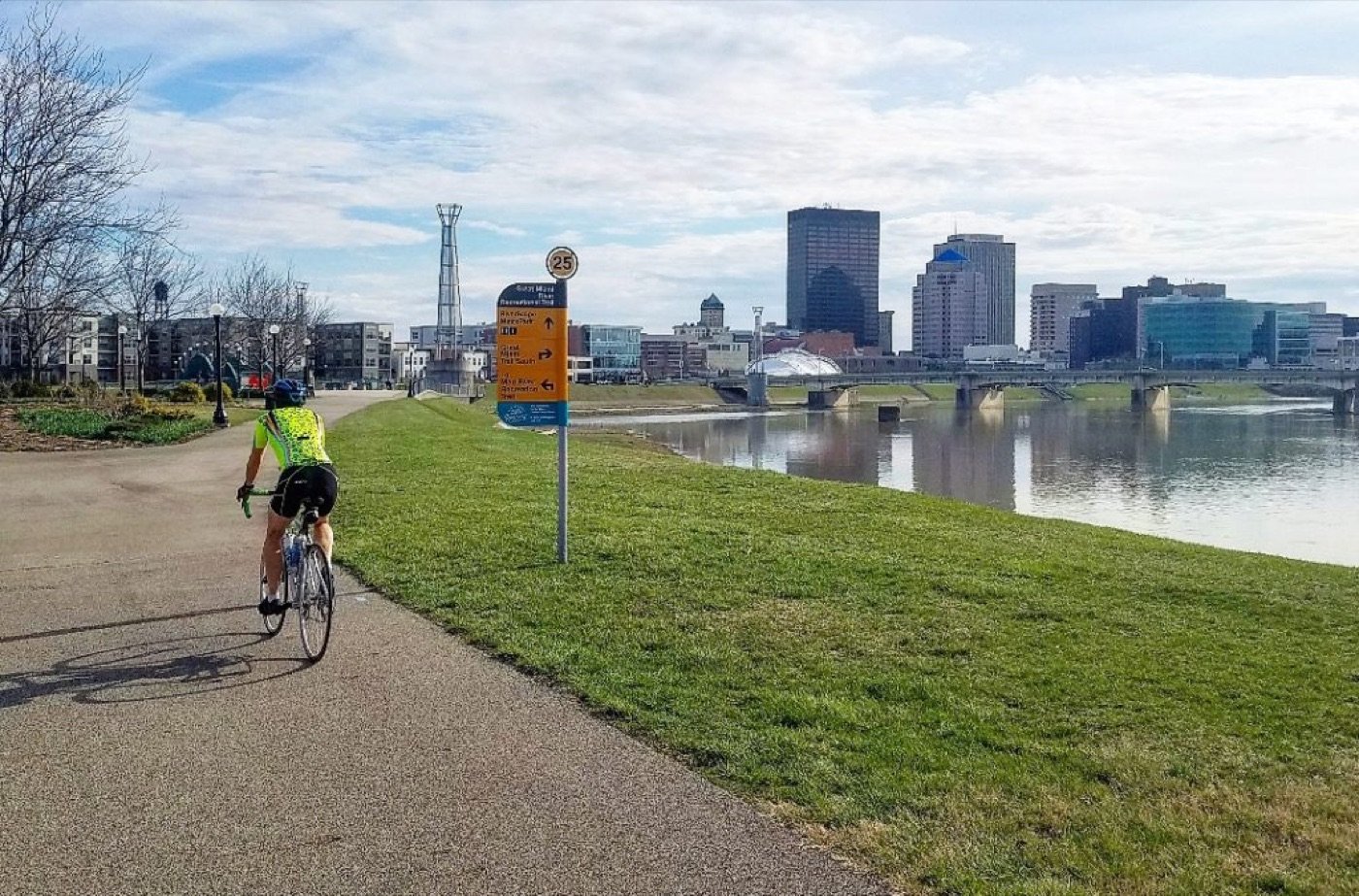 The Great Miami River Trail with the downtown Dayton skyline in view
