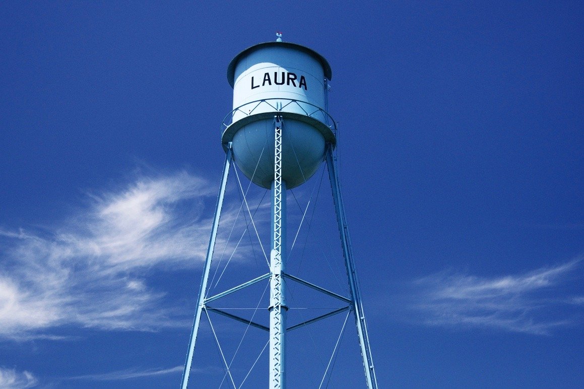The water tower in Laura, Ohio
