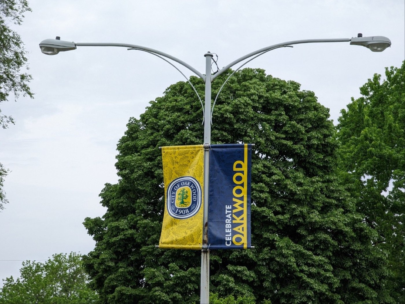 Street lights on a tree-lined residential street in Oakwood, Ohio